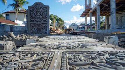 Fototapeta premium The contrast between the rough unfinished concrete and the detailed designs emerging from the stamps.