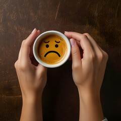 Closeup woman hands holding coffee cup with sad face