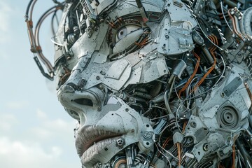 A highly detailed, close-up view of an intricate, futuristic robotic head with mechanism, showcasing its complex array of gears, sensors, and other advanced technological components.