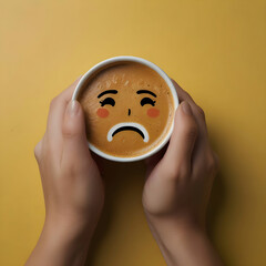 Closeup woman hands holding coffee cup with sad face