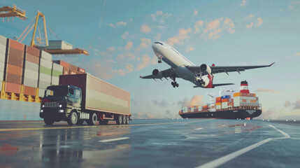 Fototapeta premium The ship is sailing under a cloudy sky, a truck is driving along the road against the backdrop of a flying transport plane. Demonstration of different methods of movement on land, water and air.