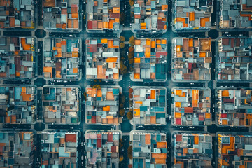Top-down aerial view of a city grid, focusing on the symmetry and repetitive patterns of streets and buildings. 