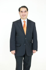 Asian senior businessman, an old man with black suit orange necktie, feel happy, smiling, good health isolated on white background. Concept for senior business successful professional.