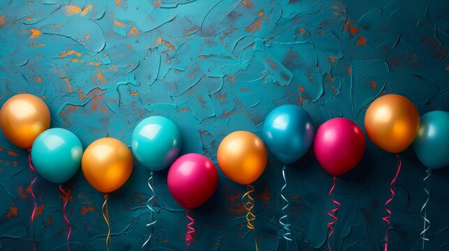 Array of colorful balloons, against a dark teal textured background, celebrating joyous occasions and festivities