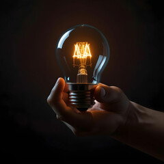 Human hand holdinga lit light bulb on dark background