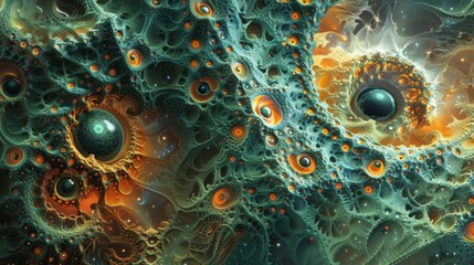 Abstract digital art, microbial shapes with eye-like details, surreal and haunting, intricate patterns and glowing accents