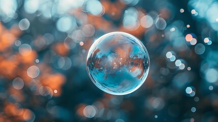 A single bubble floating in mid-air, with a blurred background of soap particles