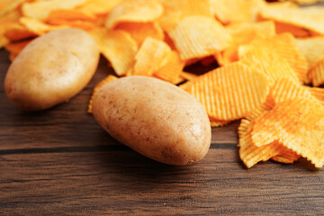 Potato chips , delicious BBQ seasoning spicy for crips, thin slice deep fried snack fast food.