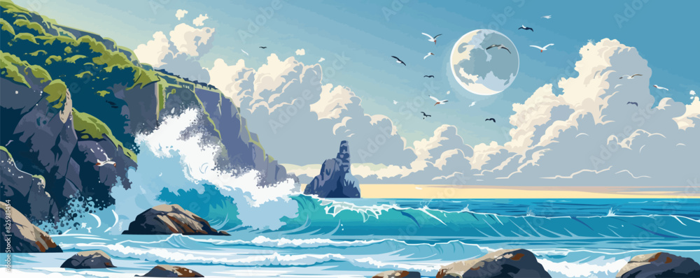 Poster a rugged coastal cliffside with crashing waves and seabirds soaring overhead. vector flat minimalist