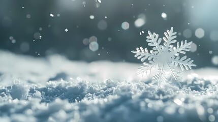 A snowflake falling gently towards a soft, powdery snow surface, with a background of snow particles