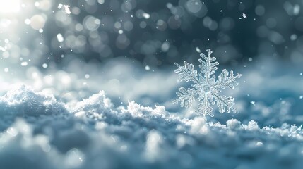 A snowflake falling gently towards a soft, powdery snow surface, with a background of snow particles