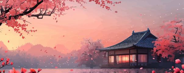 Japanese cherry blossom sakura on the background of an old asian style house. vector simple illustration