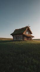 A fairy tale cottage in the forest with glowing windows and a moss-covered roof.