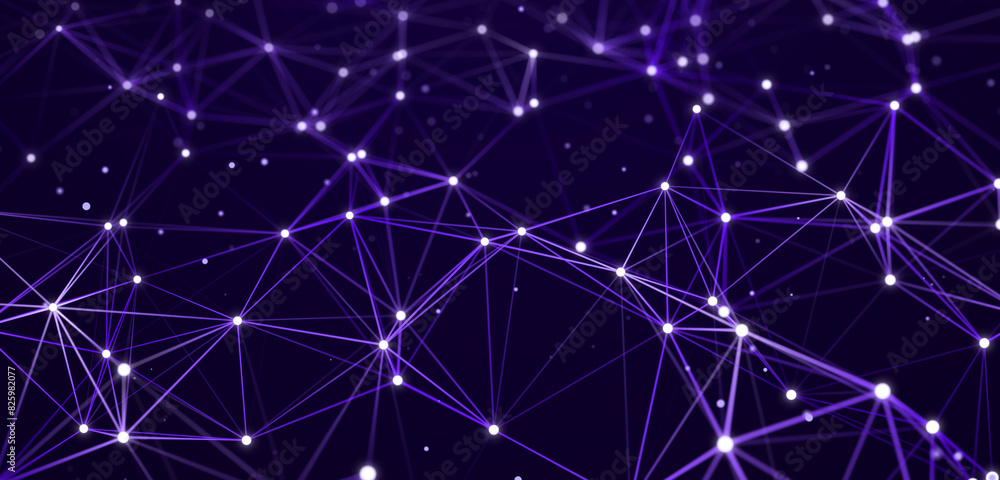 Poster Network of bright connected dots and lines. Abstract dynamic wave of many points. Digital background. 3D rendering.