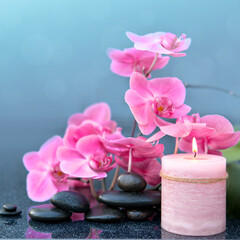 Spa background with pink orchid , candle and zen black stones on gray.