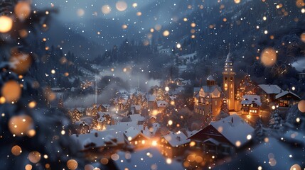 A snowy village nestled in a valley, with a defocused background of gently falling snow and glowing...