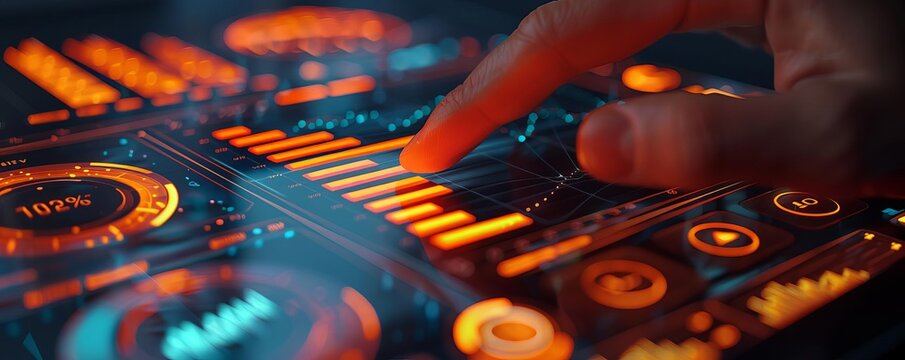 Futuristic UI interface with hand interacting with data visualization on touch screen. High-tech concept for data analysis and digital innovation.