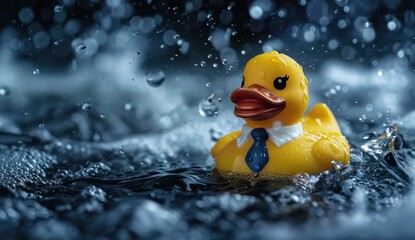 A yellow rubber duck wearing business attire splashes through the water