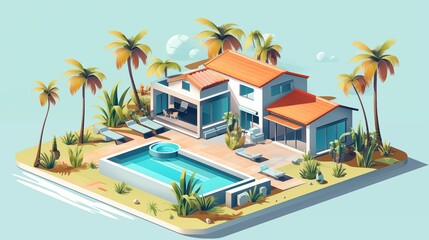 Isometric vector concept of a beachside bungalow, townhouse, and single-family home with palm trees