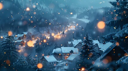 A snowy village nestled in a valley, with a defocused background of gently falling snow and glowing particles -