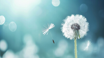A single dandelion seed detaches and flies away from the dandelion flower against a bokeh background