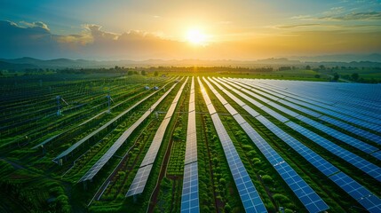 Aerial shot of a large agrivoltaic system where solar panels are strategically placed above farmland, emphasizing the dual benefits of energy efficiency and agricultural productivity