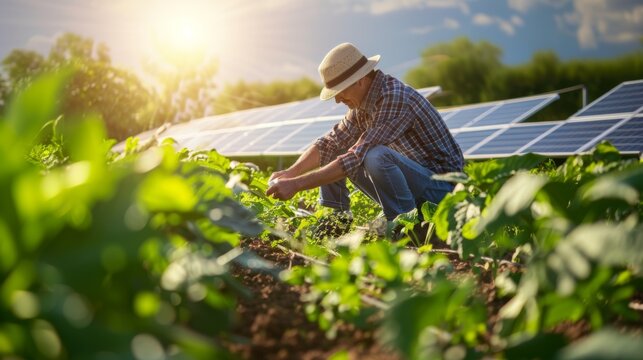 Farmer tending to crops beneath solar panels, highlighting the concept of agrivoltaics and the synergy between renewable energy and sustainable farming, captured 