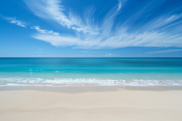 Fototapeta premium Sunlit Beach with Blue Sky and Ocean View