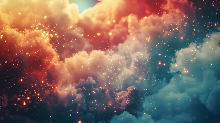 A surreal dreamscape with ethereal clouds and a defocused background of glowing particles -