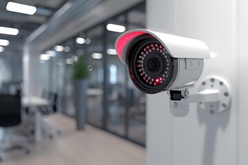 Modern security camera monitoring an open office space, ensuring safety with advanced technology and surveillance. Close-up, day view.
