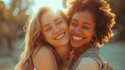 Two young women are embracing and smiling broadly in a sunlit park during the afternoon, radiating happiness and friendship. - Powered by Adobe