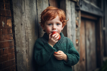 Little redhead boy in green seater eating red apple against a barn wall - Powered by Adobe