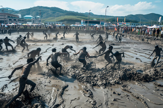 Playful Participants Wrestling in Mud Pit at Boryeong Mud Festival