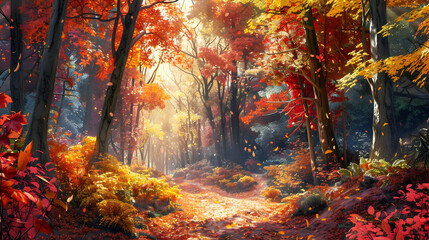 A narrow path winding through a dense forest in autumn. The trees are in full fall colors, with red, orange, and yellow leaves scattered on the ground. Sunlight filters through the branches, creating - Powered by Adobe