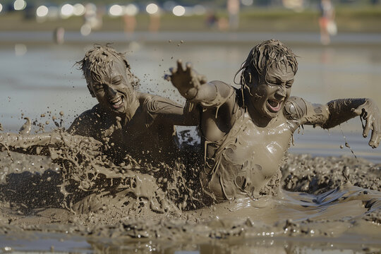 Two friends, unrecognizable due to mud masks, engage in a playful mud wrestling match