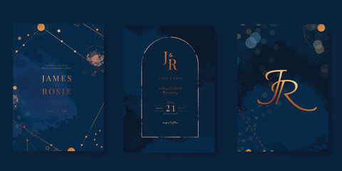 Navy Blue Luxury Wedding Invitation, start invite thank you, rsvp modern card Design in Night sky with  little star moon sun and space decorative Vector elegant rustic template