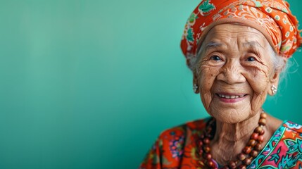 Obraz premium A joyful elderly Indonesian woman in a colorful headscarf