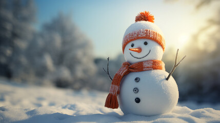 Obraz premium Panoramic view of happy snowman in winter scenery with copy space, Created using generative AI tools.