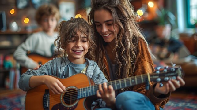 Joyful lesbian couple bonding with their children while teaching them to play the guitar at home
