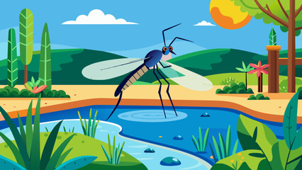 Colorful Cartoon Mosquito by a Pond in a Lush Landscape