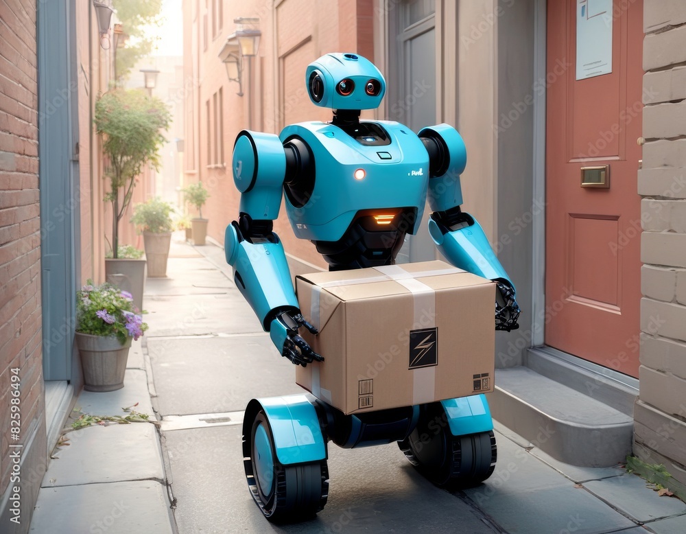 Poster a service robot delivers a package through a quiet urban street, showcasing the integration of robot
