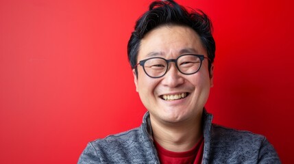 Fototapeta premium A chubby Chinese man with glasses smiles brightly for the camera