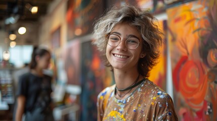 Obraz premium Empowering Artistry: Non-Binary Leader Facilitating a Community Painting Workshop