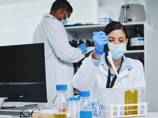 Woman, technician and medical research for pandemic, vaccine and pipette with sample in lab for pharma innovation. Female person, scientist and virus in healthcare for chemistry in forensic for test