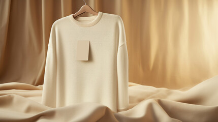White sweater with label tag of product information and branding in the retail clothing industry