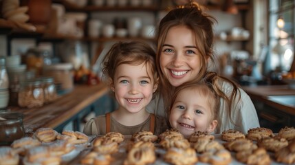 Happy lesbian couple teaching their kids to bake delicious cookies in a cozy kitchen setting
