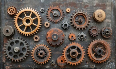 Cogs and gears made of various materials like wood, metal, and plastic 