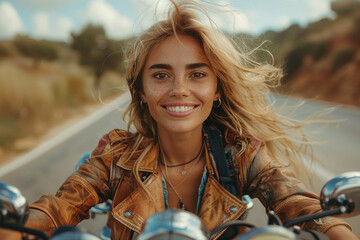 A stylish woman rides, her radiant smile echoing the gleam of summer sun on chrome