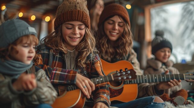 Happy Lesbian Couple Teaching Children to Play Musical Instruments Together at Home