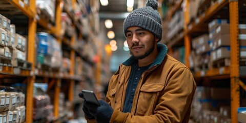 A smiling young warehouse worker checks stock using his smartphone, ensuring efficient distribution
